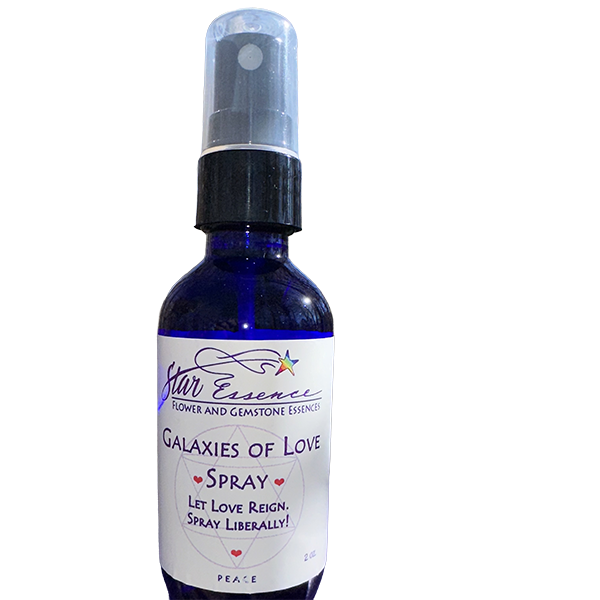 Purple spray bottle of Galaxies of Love by Star Essence, a vibrational medicine and energy healing mist designed to open the heart, uplift emotions, and expand love