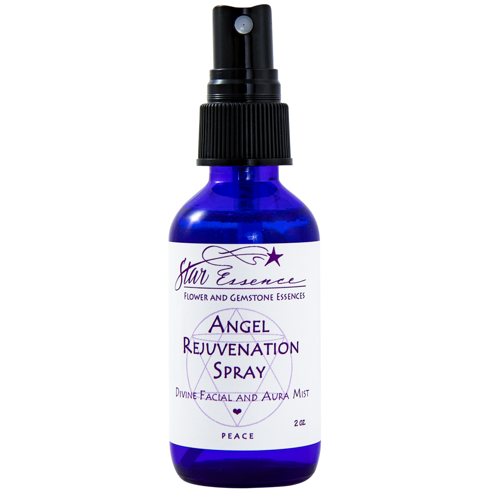 Close-up of Angel Rejuvenation Spray bottle crafted with flower essences for energy healing and holistic medicine