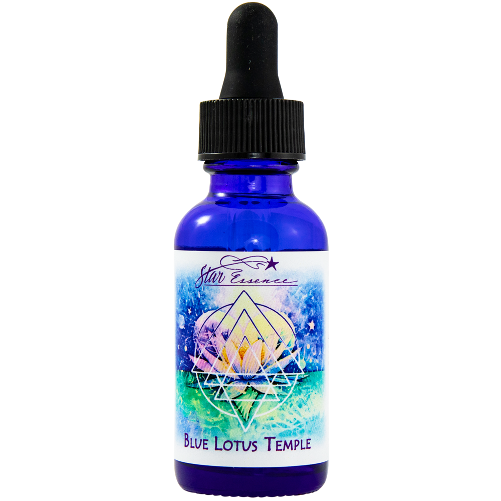 Blue dropper bottle of Blue Lotus Temple essence by Star Essence, a vibrational medicine formula for spiritual awakening, energy healing, and high-frequency heart alignment