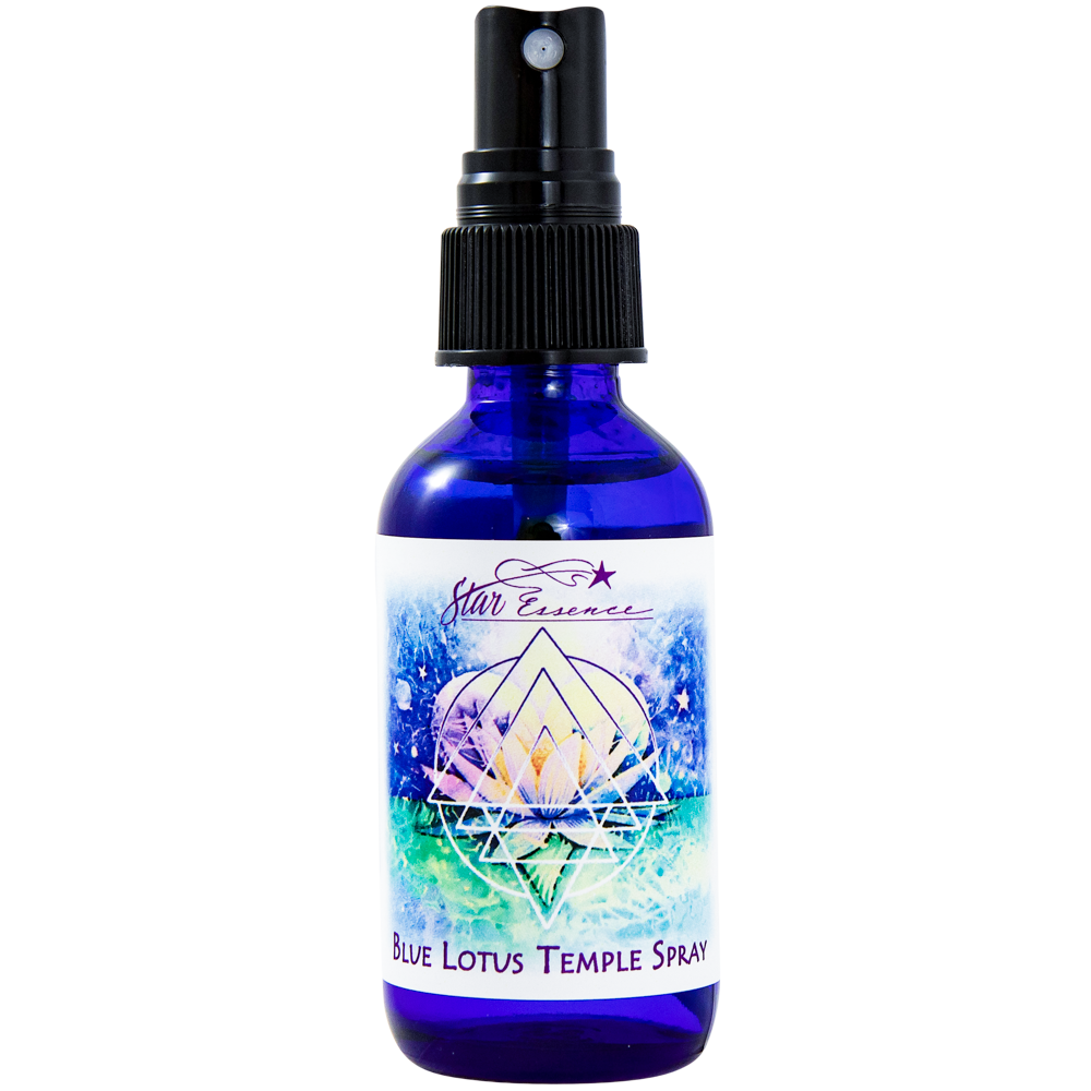 Blue glass bottle of Blue Lotus Temple Spray by Star Essence, a vibrational medicine and holistic energy healing mist for meditation, enlightenment, and sacred union