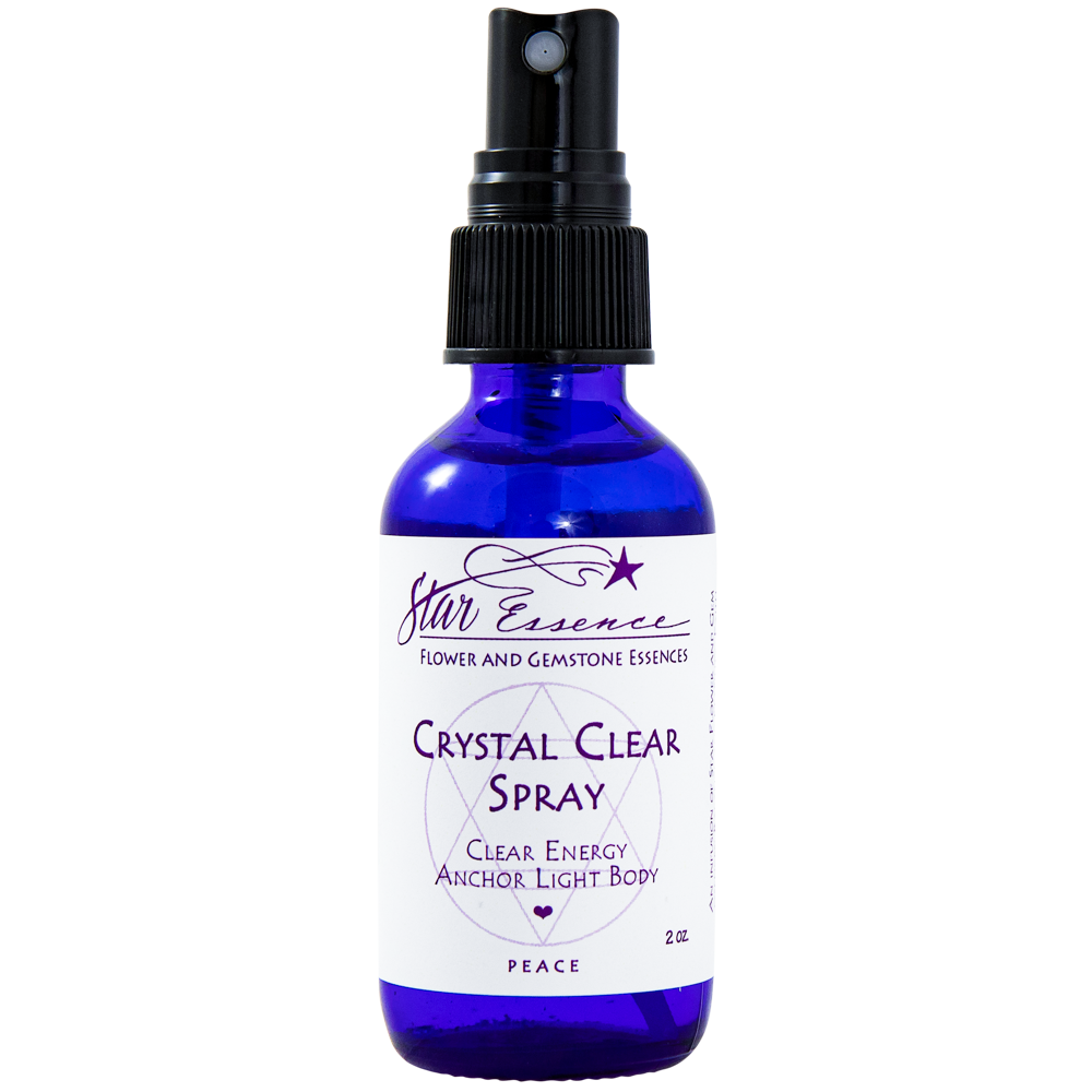 Blue glass bottle of Crystal Clear Spray by Star Essence, a vibrational medicine mist used in holistic healing and energy clearing to balance the aura and light body