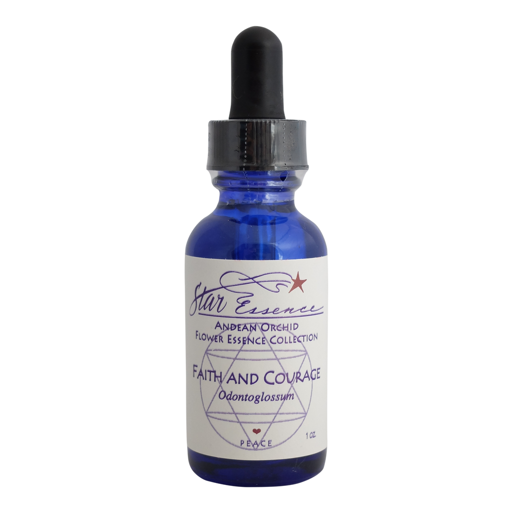 Dropper bottle of Faith and Courage essence, a protective vibrational remedy supporting courage, grounding, and holistic energy healing.