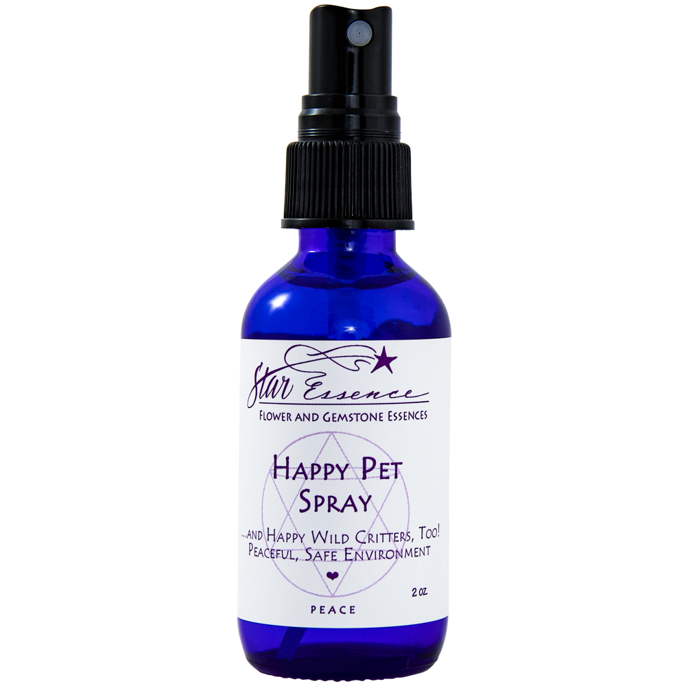 Blue spray bottle of Happy Pet Spray by Star Essence, a calming flower and gemstone essence blend for pets to support emotional balance and energy healing.