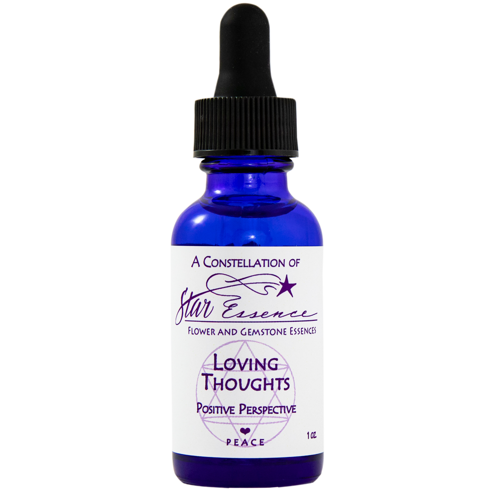Blue dropper bottle of Loving Thoughts essence, a flower and gemstone blend that supports compassion, positive thoughts, and heart-centered spiritual wellness.