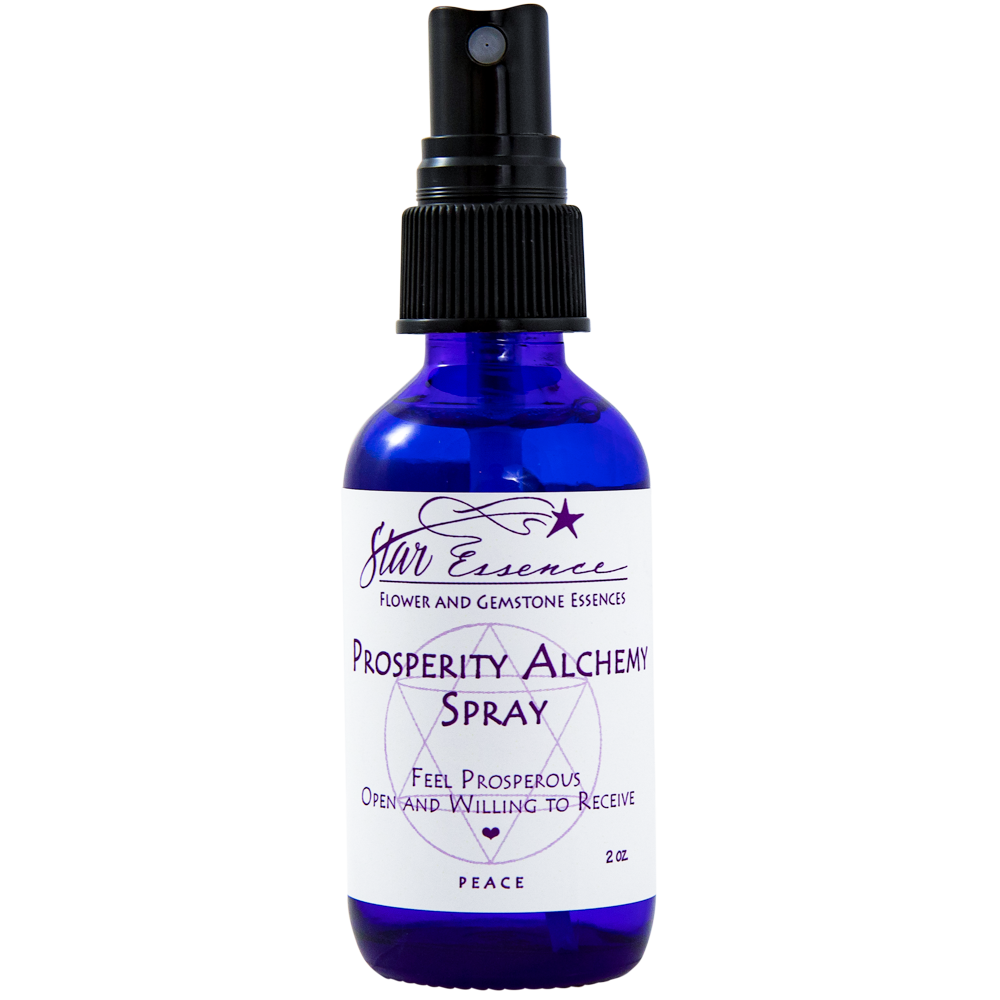 Spray bottle of Prosperity Alchemy Spray, a vibrational blend of flower essences and gemstone essences designed to support abundance, gratitude, and spiritual wellness.