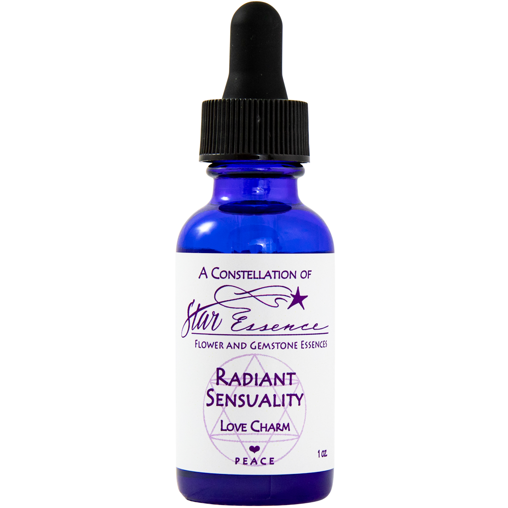 Dropper bottle of Radiant Sensuality, a flower and gemstone essence love potion designed to enhance intimacy, sensuality, and spiritual wellness.