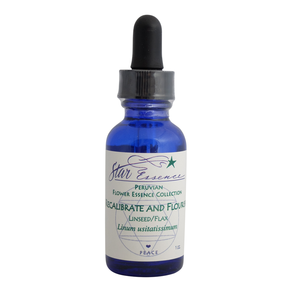 Recalibrate and Flourish flower essence dropper bottle for holistic medicine, energy healing, and spiritual wellness