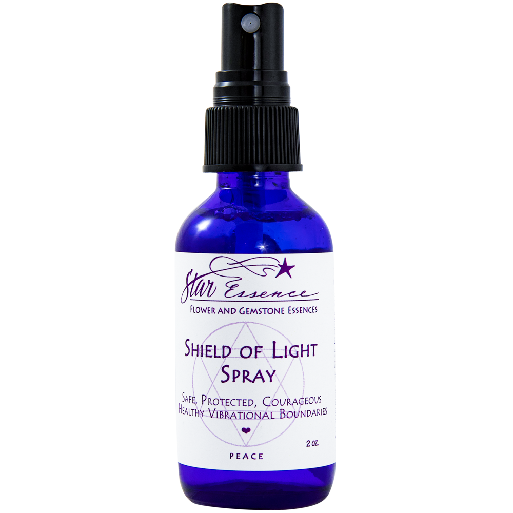 2 oz glass bottle of Shield of Light Spray by Star Essence, a vibrational medicine and holistic energy healing blend blessed by Archangel Michael for spiritual protection and balance