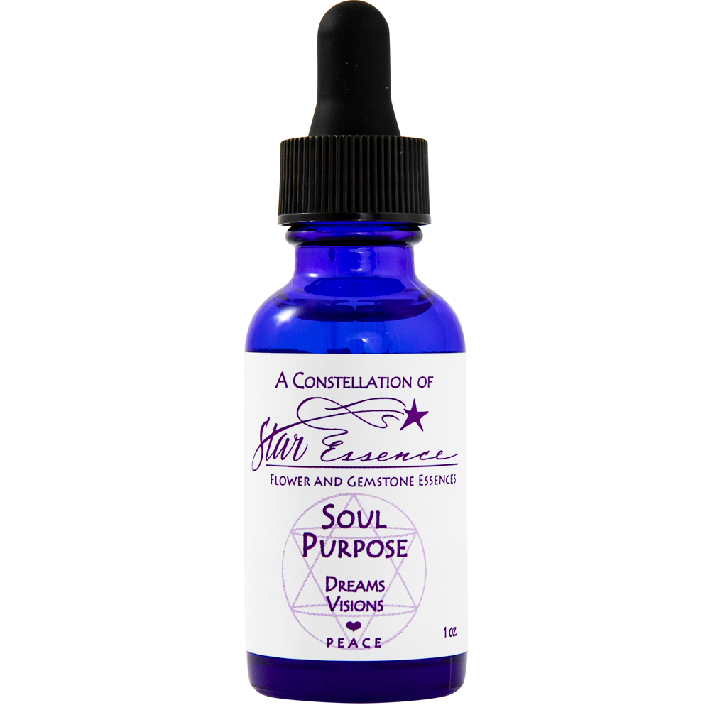 Blue dropper bottle of Soul Purpose essence, a flower and gemstone blend that supports dreams, intuition, life direction, and spiritual wellness.